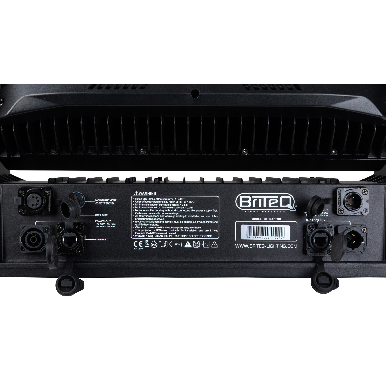 Anschlüsse des BRITEQ BTI-RAPTOR für DMX Art-Net und Strom