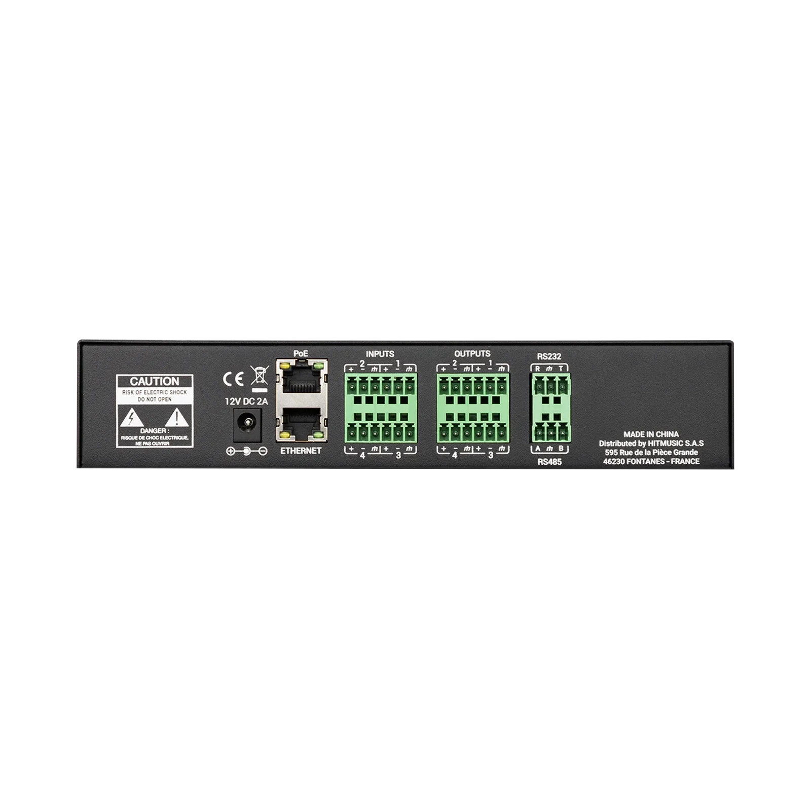 Audiophony Ami04 Rückseite mit vier Ein- und Ausgängen Ethernet RS232 und RS485