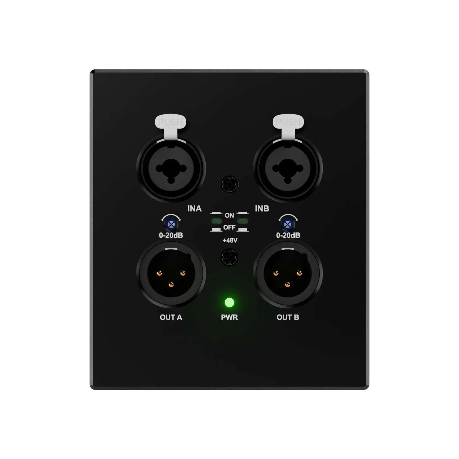 Audiophony AmiD4 Dante Wandinterface mit zwei XLR Combo Eingängen und XLR Ausgängen