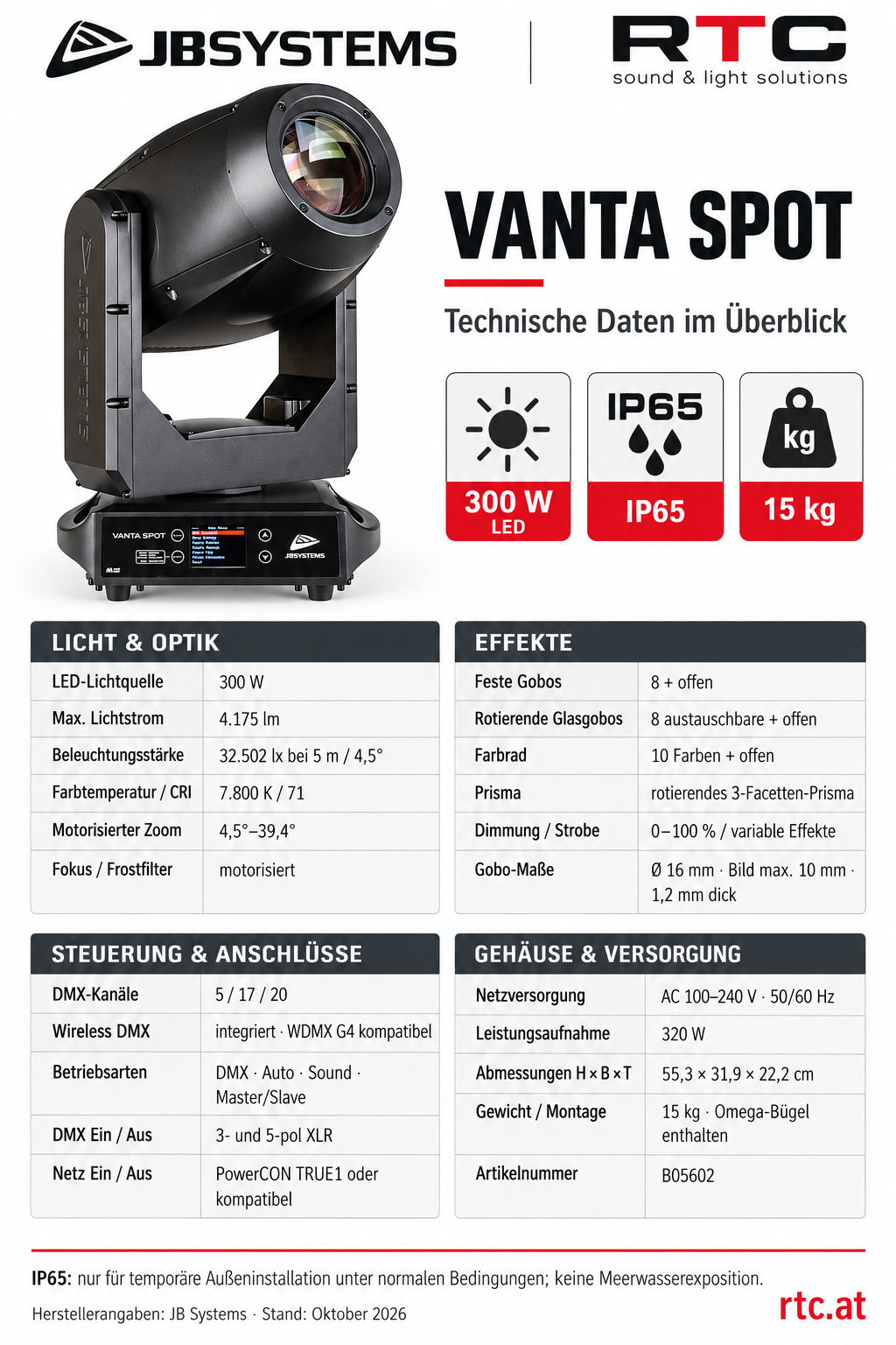JB Systems VANTA SPOT – technische Daten mit LED-Leistung, Zoom, Effekten, DMX-Steuerung und Abmessungen