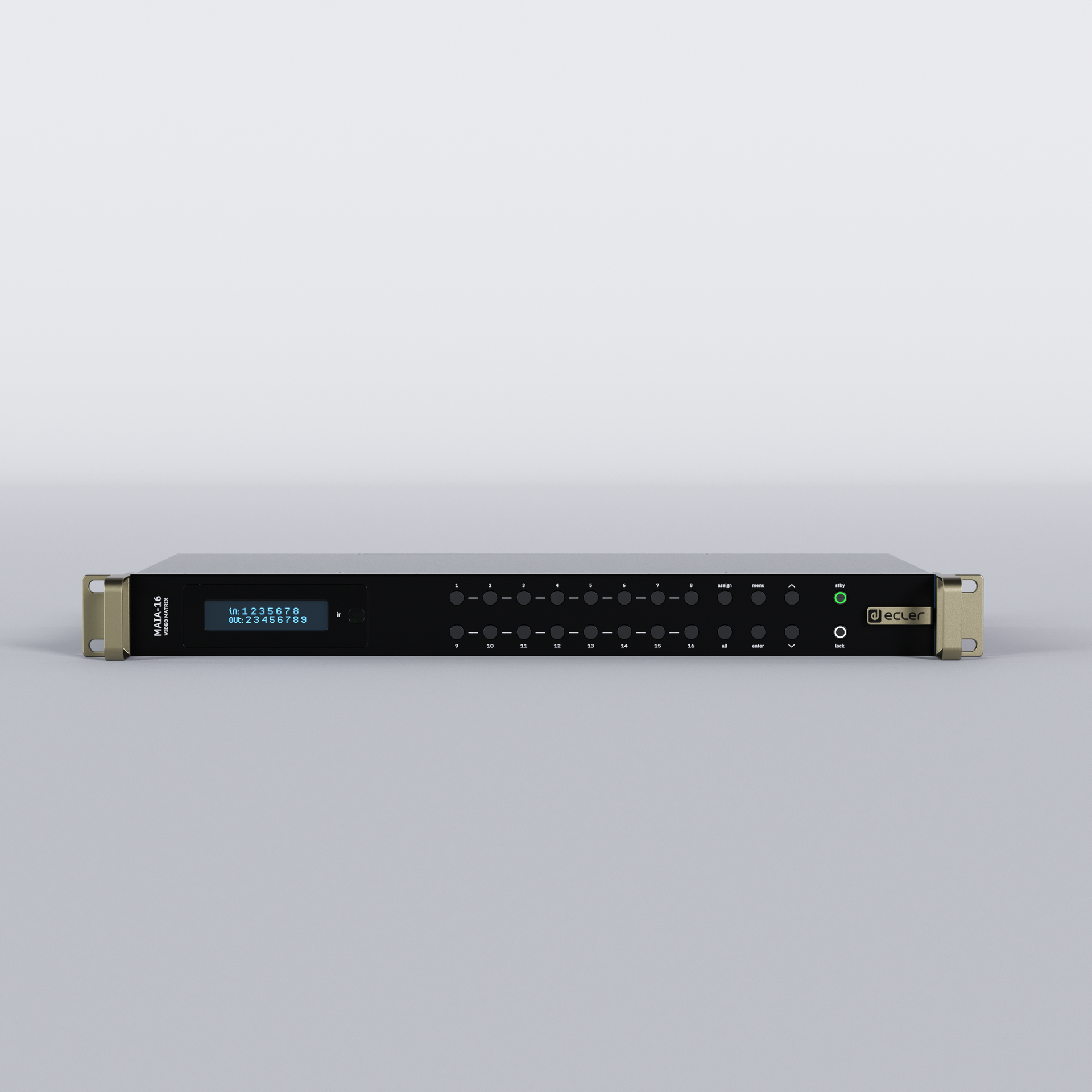 Frontansicht der Ecler MAIA-16 mit LCD-Display und 16x16 Routing-Tasten