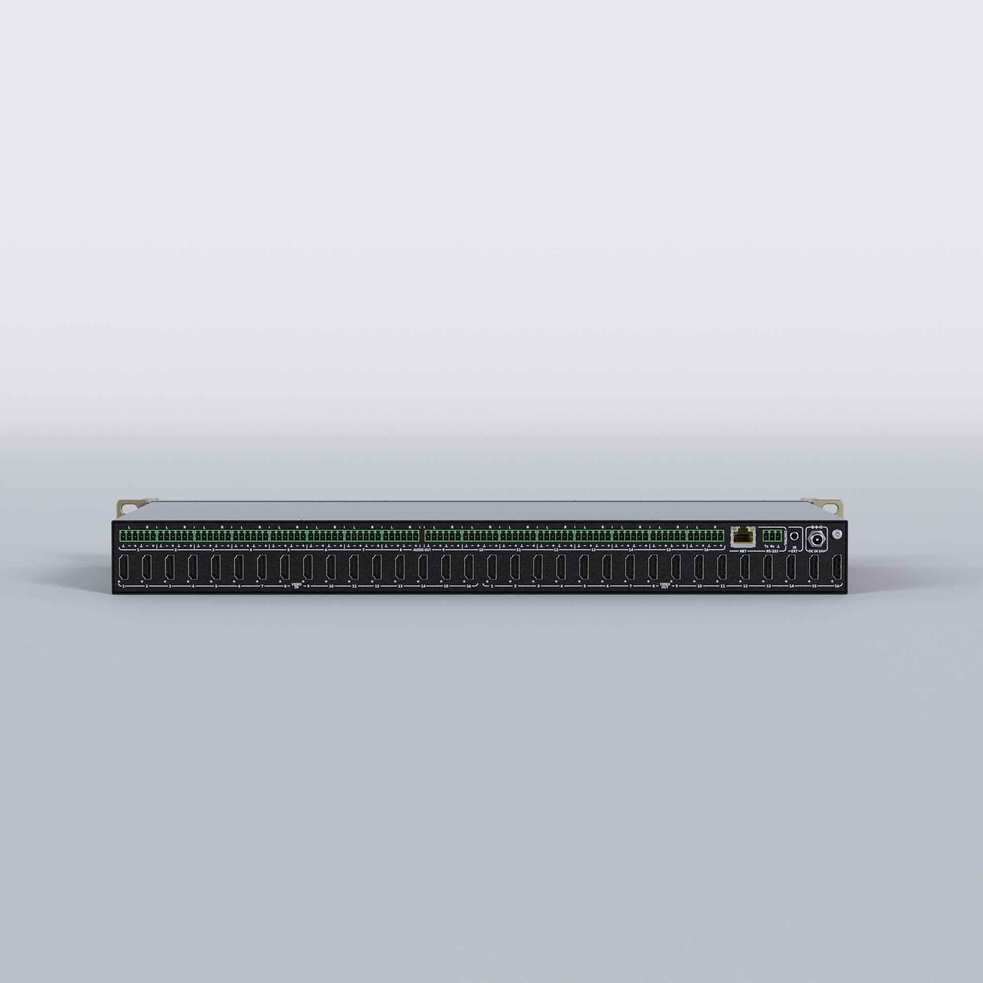 Rückseite der Ecler MAIA-16 mit 16 HDMI-Eingängen, 16 HDMI-Ausgängen und Audio-De-Embedding