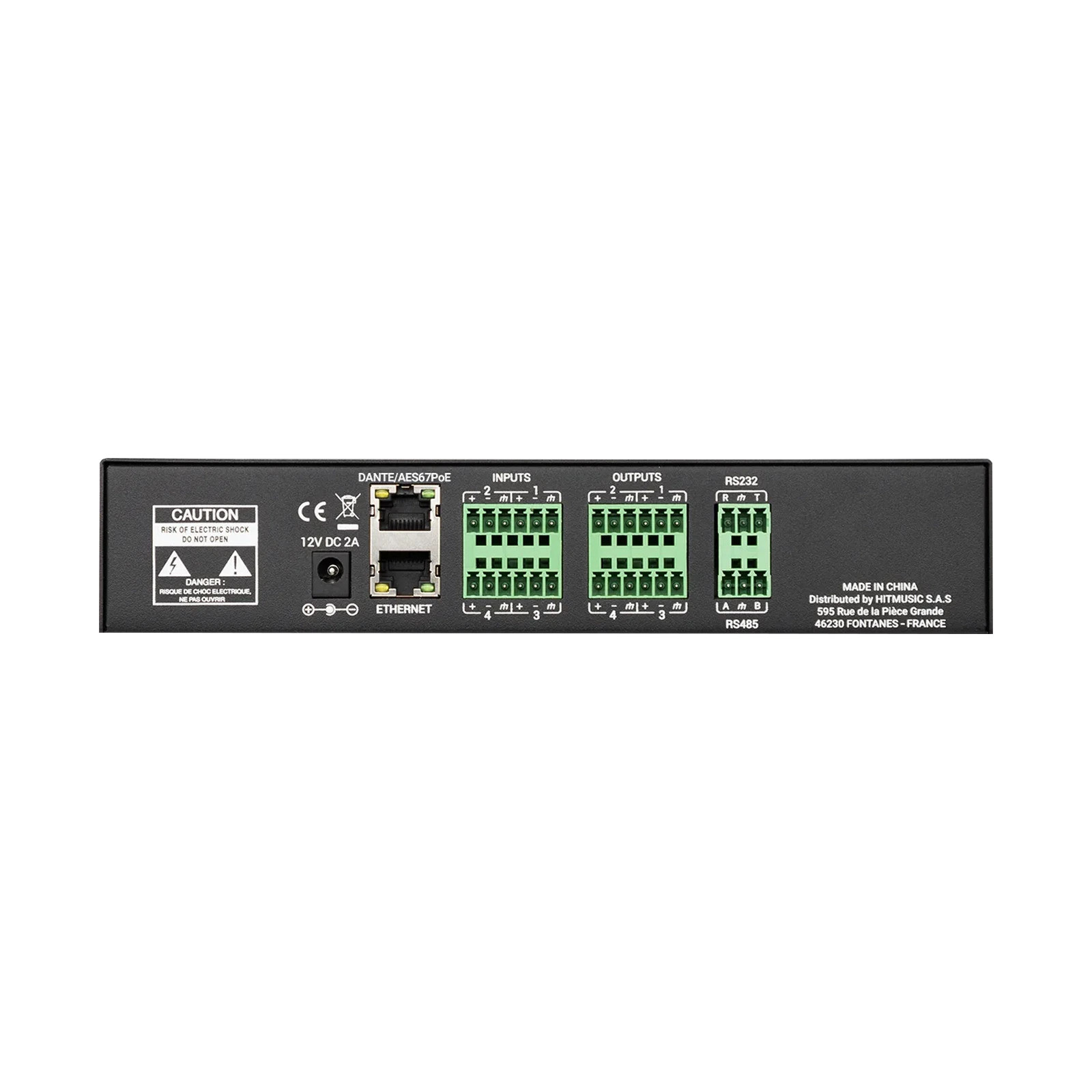 Audiophony Ami04D Rückseite mit Dante AES67, Ethernet, RS232, RS485 und 4x4 Audioanschlüssen