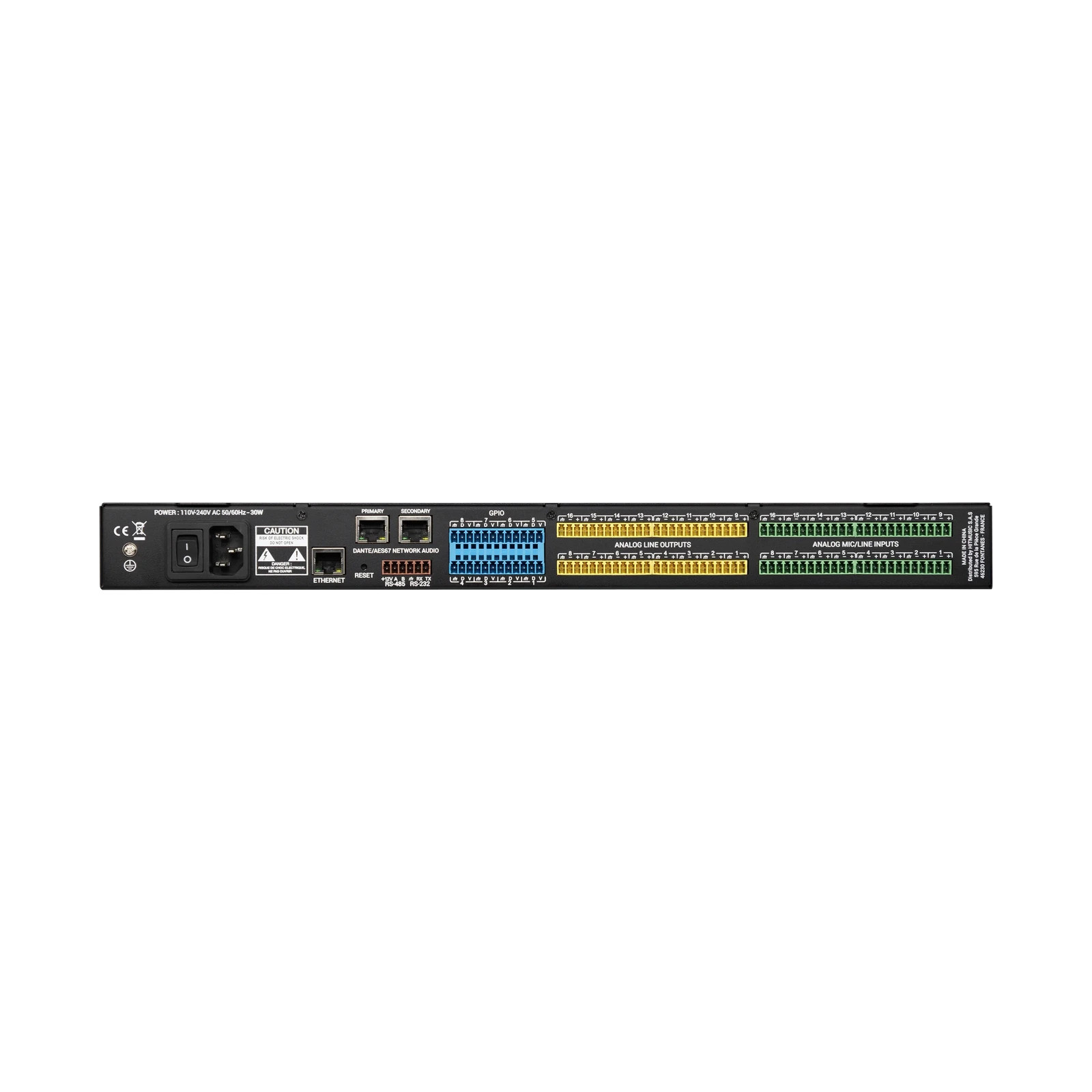 Audiophony Ami16D Rückseite mit 16x16 Audio, Dante Primary Secondary und GPIO