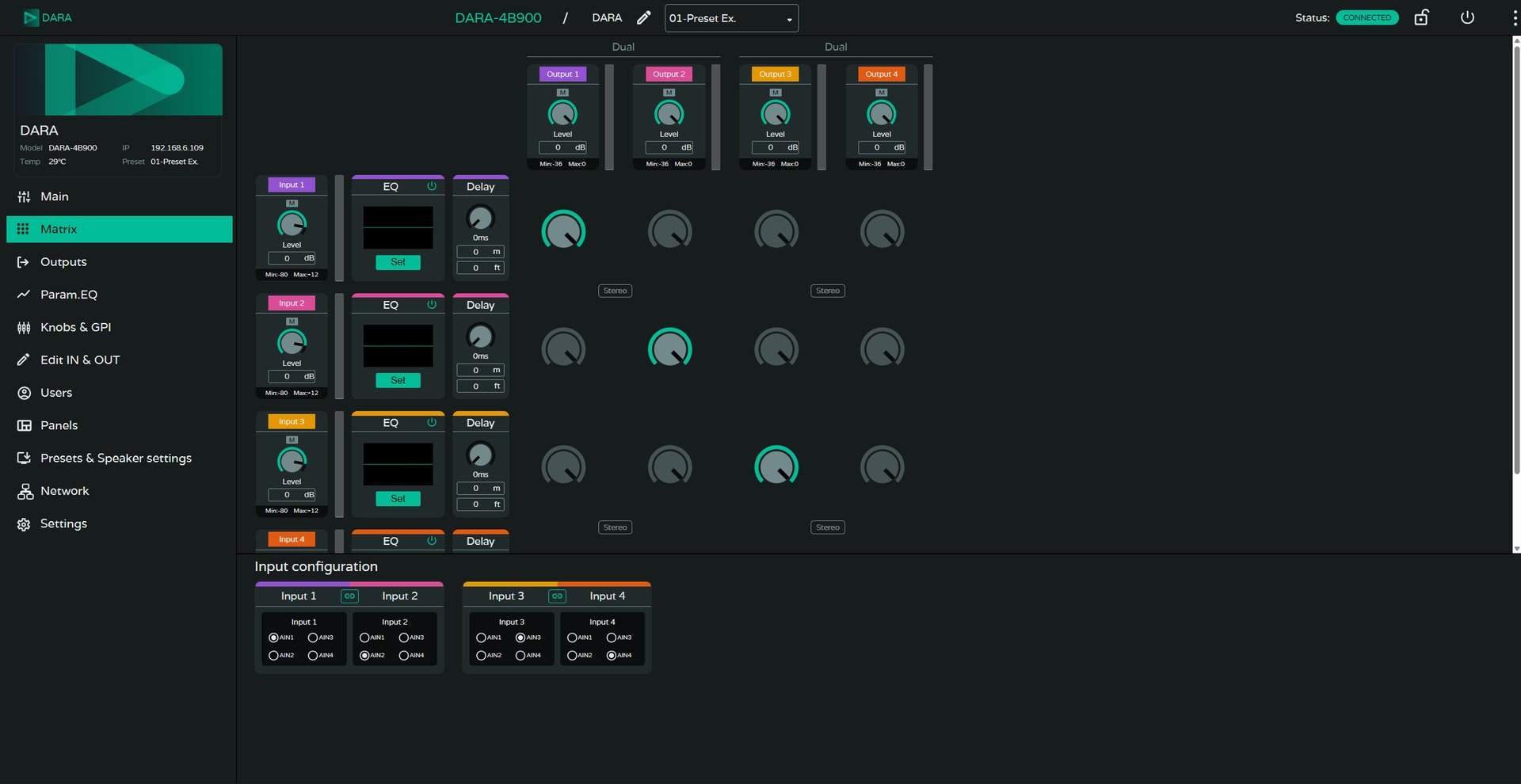 Ecler DARA Software mit Eingangskonfiguration und Routing-Matrix