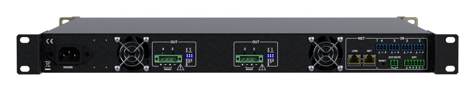 Rückseite Ecler DARA-4B600 mit Euroblock-Anschlüssen und zwei Ethernet-Ports