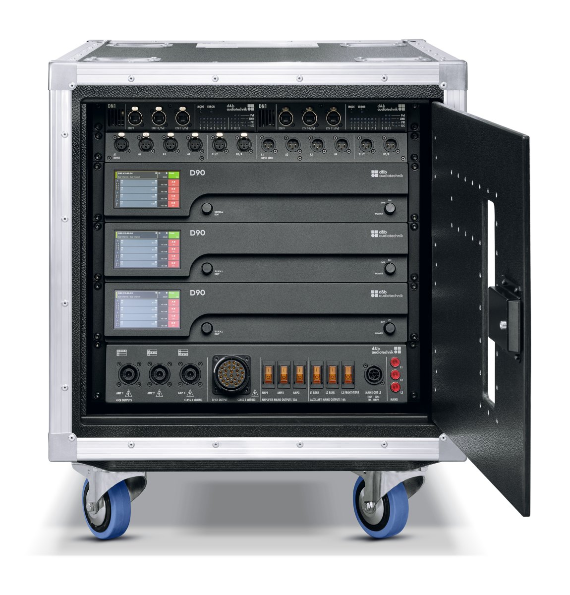Rollbares Rack mit drei d&b audiotechnik D90 Verstärkern und Anschlussfeld