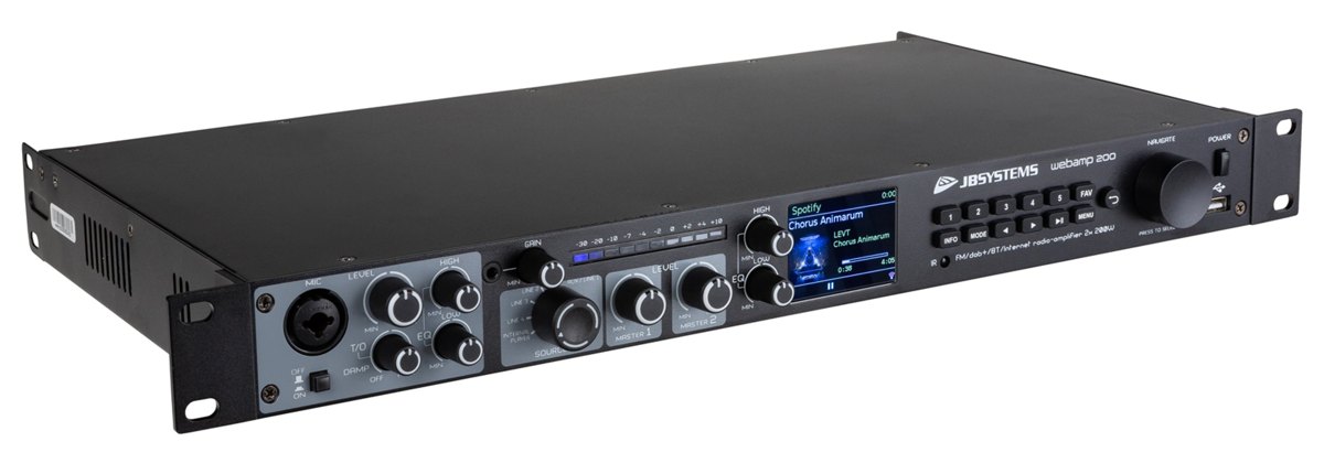 JB Systems WEBAMP 200 Streaming-Verstärker mit Display, Reglern und Anschlüssen an der Front