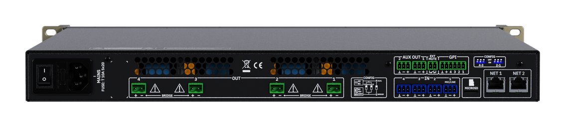 Rückseite Ecler HALO-4B300 mit Euroblock-Anschlüssen und zwei Ethernet-Ports für Dante