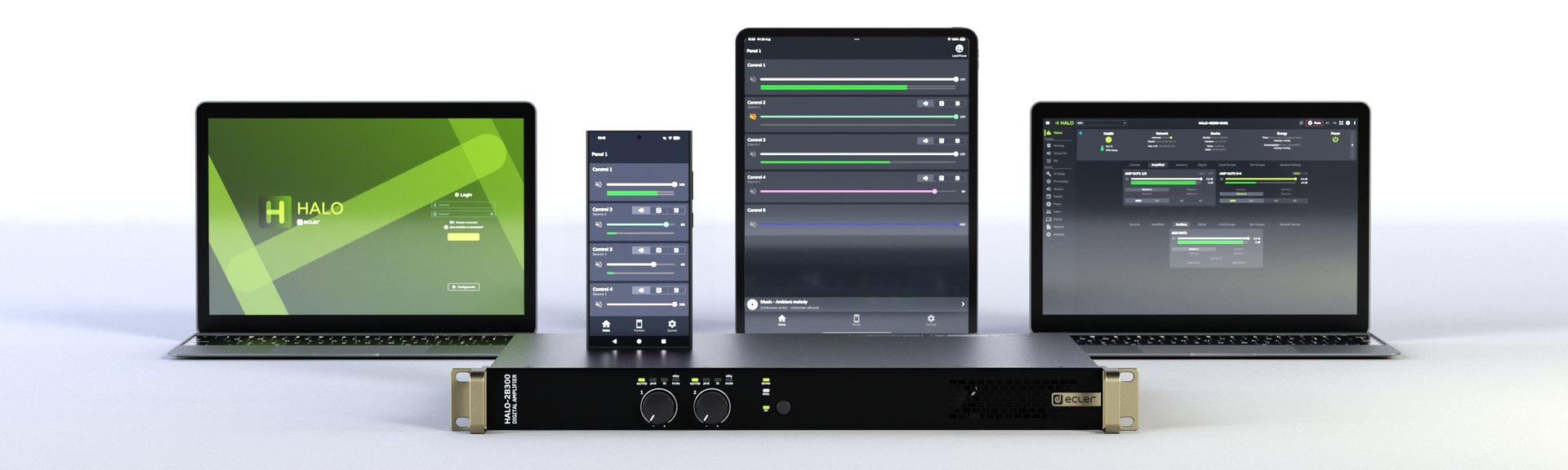 Ecler VIDA & HALO App auf Smartphone, Tablet und Laptop mit HALO-Verstärker